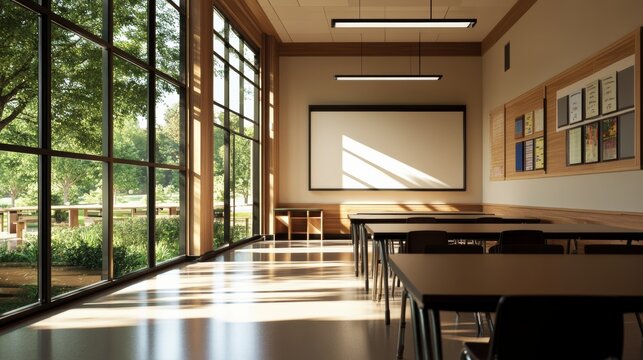 modern classroom interior with interactive smartboard and tech desks, minimalistic design, LED lighting