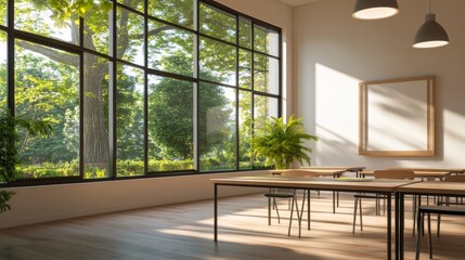 modern classroom interior with sunlight through large windows, clean and organized design, neutral colors and ergonomic furniture