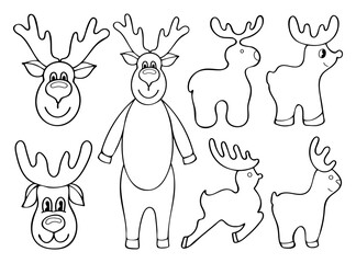 Deer cartoon set. Hand drawn vector illustration. Forest animal with antlers. Cervus, doe, elk, wapiti, maral. Cute character. Doodle line art group of elements.