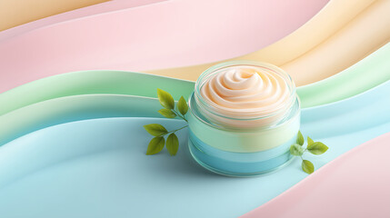 Face cream jar on flowing 3D gradient waves, pastel tones with leaf accents, glossy finish, white clean background, ad-ready layout, copy space center