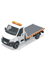 Fototapeta premium Isometric flatbed tow truck vector illustration. Roadside assistance and vehicle recovery service concept. Emergency car carrier transport or wrecker isolated on white background.