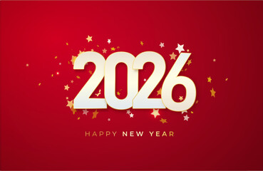 2026 gold metal number for New Year . Festive Christmas banner with falling confetti on bright background. Realistic Golden 3d number. Vector