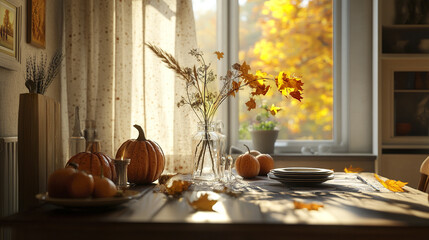 cozy autumn dining room featuring wooden table adorned with pumpkins, leaves, and warm sunlight