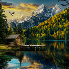 Fototapeta premium A Serene Lake and Snow-Capped Mountains at Dusk