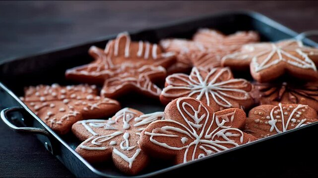 Deliciously decorated gingerbread cookies arranged on a baking tray.
