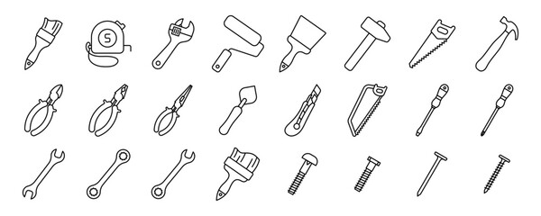 Construction tools vector icon set. Adjustable wrench, brush, roller, hammer and nails. Screw, nut and bolt. Tape measure, screwdriver, putty knife, saw, pliers and wire cutters