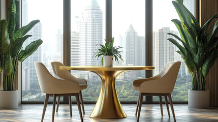 Stylish city apartment dining nook with golden table and city view