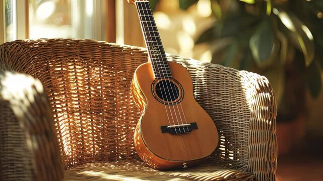 A single ukulele resting on a wicker chair in a sunny corner. background