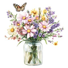 Obraz premium Watercolor illustration of a transparent glass vase filled with vibrant wildflowers and accompanied by a delicate butterfly. Perfect for nature-inspired, fresh floral designs and decorative projects.