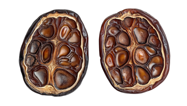 Close-up of two halved fruit segments, showcasing intricate patterns and textures