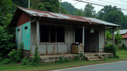 Rustic Wooden House with a Red Roof in a Lush Green Setting