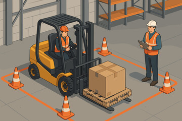 Forklift operator training course isometric illustration. Warehouse worker driving a lift truck for a certification test. Instructor supervising for occupational safety and logistics.