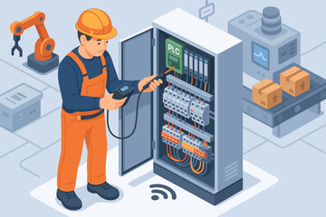 Technician engineer fixing PLC control cabinet in smart factory. Isometric vector illustration of industrial automation, robotic arm, and conveyor belt. Maintenance and repair concept.