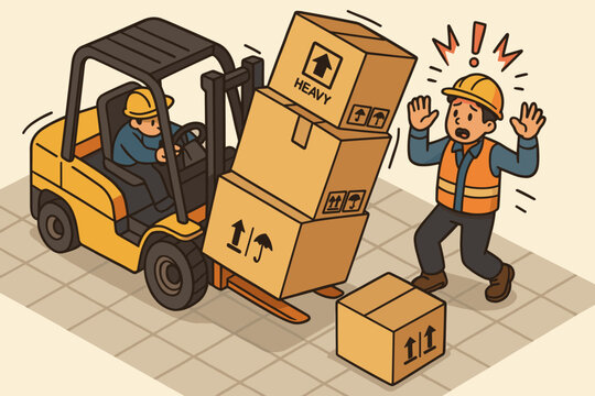 Overloaded forklift hazard concept. Unsafe work condition with falling boxes on a scared worker. Warehouse accident and workplace safety vector illustration. Danger and risk at work.