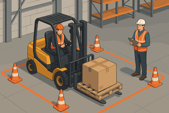 Forklift operator training course isometric illustration. Warehouse worker driving a lift truck for a certification test. Instructor supervising for occupational safety and logistics.