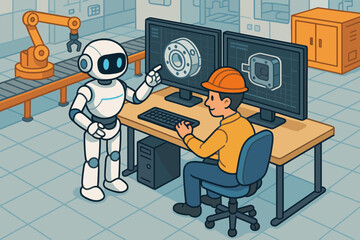 Robot and engineer collaboration in a smart factory. AI assistant helping a human worker with mechanical CAD design on a computer. Concept for industry 4.0, automation, teamwork.