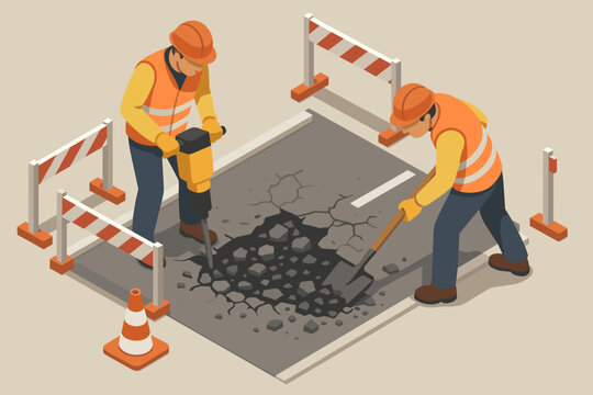Road repair team working on street. Isometric illustration of construction workers with jackhammer and shovel fixing asphalt pothole. Infrastructure maintenance and building concept vector.