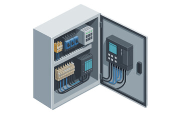 Isometric electrical control cabinet for smart factory automation. Industrial panel with PLC, circuit breakers, and wiring. Technology and engineering vector illustration concept.