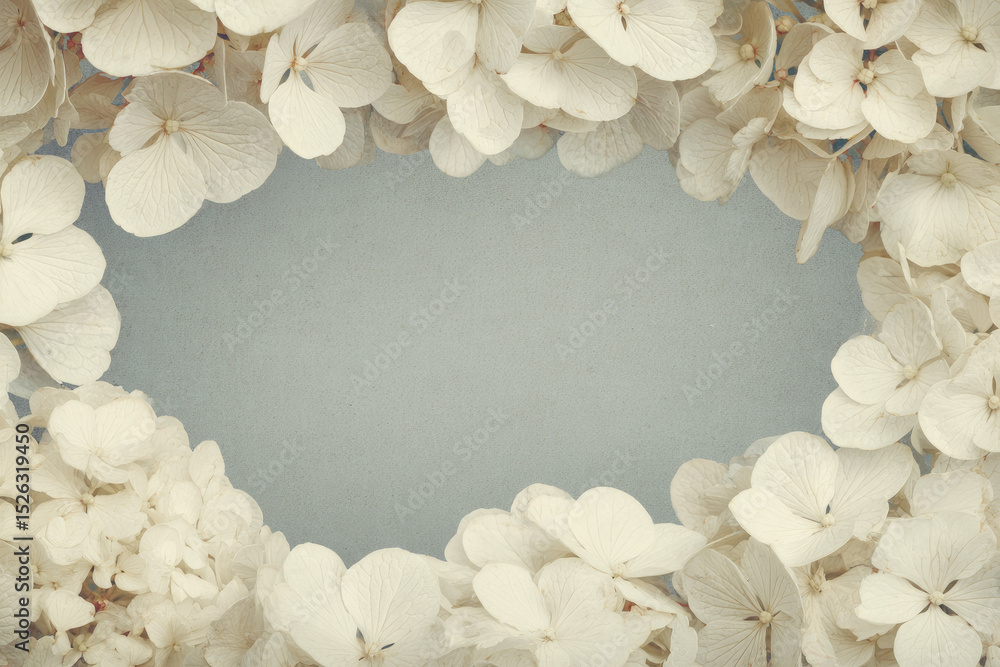Poster soft white hydrangea flowers frame blank space in middle, creating delicate and elegant floral borde