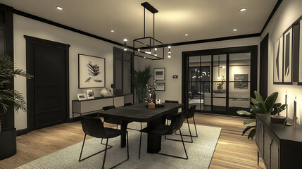 Fototapeta premium Stylish dining space with modern furniture and mixed textures, creating cozy atmosphere