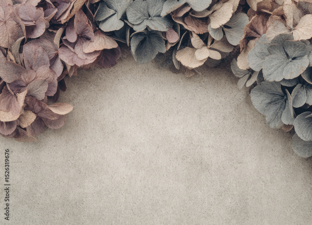 Poster dried hydrangea flowers frame with muted purple and blue tones surrounding blank textured background