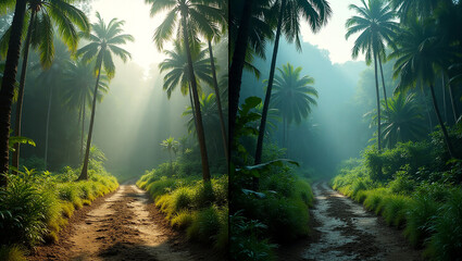 Obraz premium Lush Tropical Jungle Path Before & After Photo Editing Comparison