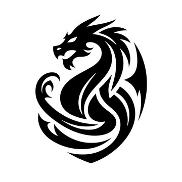 A black silhouette of heraldic dragon, minimalist stroke, abstract stroke modern style, vector, isolated, transparent background  