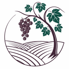 Modern wine brand logo with simplified grapevine motif, ripe grape bunches and subtle leafy vines in sleek vector style