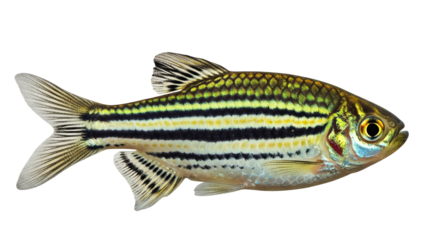 Realistic image of a zebra danio with striped body pattern and small, shiny scales, fully visible in frame, isolated on a transparent background