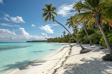 Tropical island paradise with palm trees on a beautiful sandy beach, perfect for a summer vacation