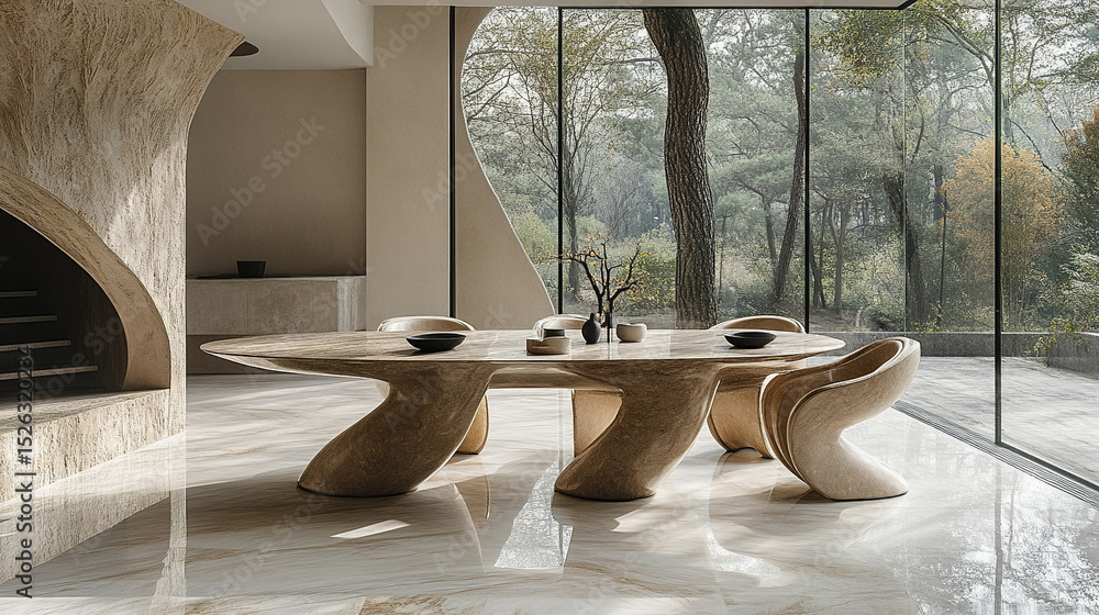 Poster stylish modern dining setup with muted tones and elegant design, creating serene atmosphere