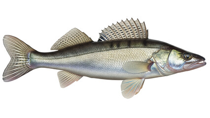 Realistic image of a zander (European pikeperch) with elongated silver-gray body, sharp dorsal fins, and detailed scales, fully visible in frame, isolated on a transparent background