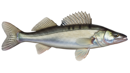 Realistic image of a zander (European pikeperch) with elongated silver-gray body, sharp dorsal fins, and detailed scales, fully visible in frame, isolated on a transparent background
