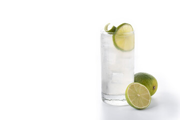 Gin Fizz cocktail with lime isolated on white background. Copy space