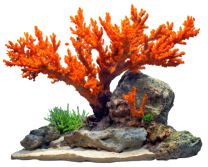 Vibrant coral reef with bright orange coral formations, surrounded by rocks and green aquatic plants, creating lively underwater scene. This colorful marine habitat showcases beauty of ocean life
