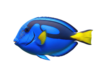 a blue tang fish with vibrant blue and yellow coloring, smooth skin texture, isolated on a transparent background