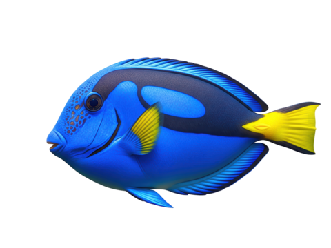 a blue tang fish with vibrant blue and yellow coloring, smooth skin texture, isolated on a transparent background