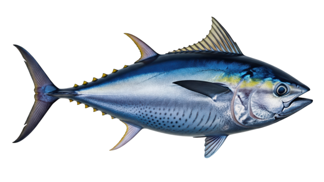 Realistic image of a tuna with robust metallic body and prominent fins, fully visible in frame, isolated on a transparent background