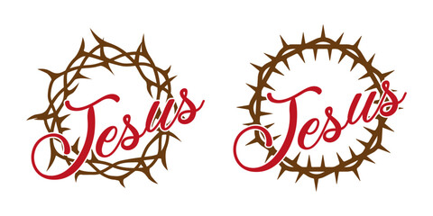 The inscription Jesus and the crown of thorns. Christianity, spirituality, religion. Savior Jesus Christ. Vector illustrations EPS10