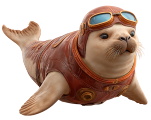 Playful seal wearing vintage aviator goggles and leather flight suit swims gracefully, showcasing its charming personality and adventurous spirit. This whimsical character embodies sense of fun