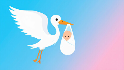 Stork delivering newborn baby boy wrapped in white blanket on blue and pink gradient background, newborn concept.