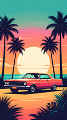 Classic car parked on the beach at sunset, surrounded by palm trees, in a retro style illustration