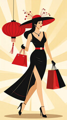Fashion illustration of a stylish asian woman walking with shopping bags and wearing a large red hat