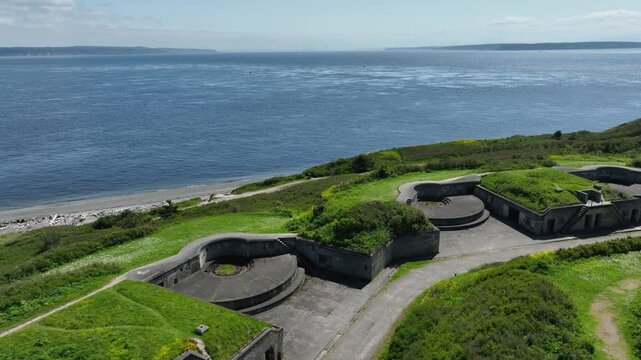 Drone shot over concrete bunkers at Fort Casey, Washington State.