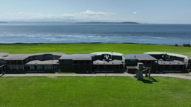 Dolly drone shot of the Fort Casey military facility in Washington State.