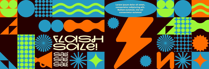 Energetic flash sale layout with orange thunderbolt, megaphone, waves, circles, and starburst icons. Dynamic vector banner design with bold fonts and geometric forms.
