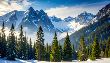 Stunning winter landscape with snow covered fir trees and majestic rocky mountains in the background