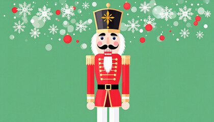 Christmas greeting card with nutcracker toy soldier, snowflakes and christmas balls decorations on green background