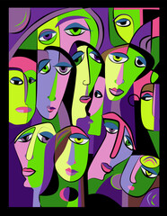 A collection of abstract faces in vibrant colors, featuring shades of green, purple, pink, and blue, overlaid in an intricate, cubist design.