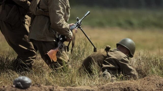 Red Army soldier with Degtyaryov dp-27 machine gun Fighter takes up position at trench. Military reconstruction of Great Patriotic War in USSR. World War 2 reenactment. Honor heroism courage bravery